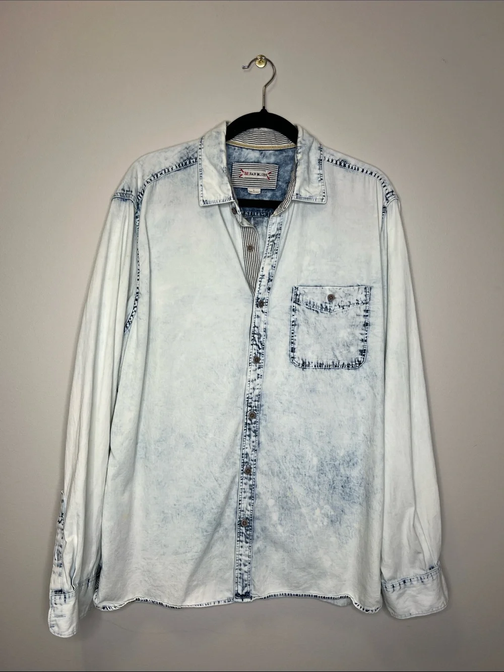 32 Bar Blues Acid Washed 100% Cotton Casual Button Down Shirt size Large